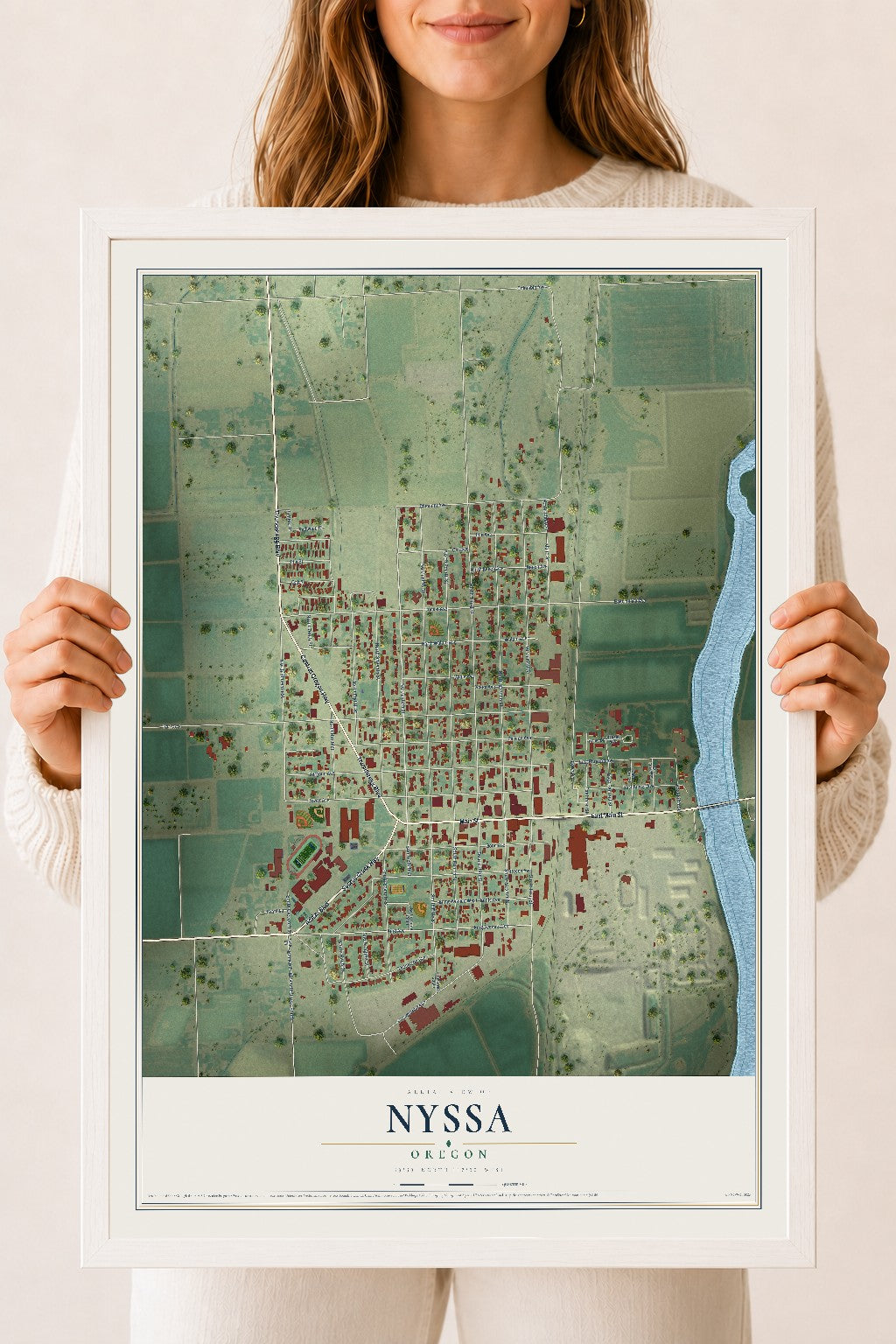 Map of Nyssa, Oregon, 18 x 24 inch print in a white wood frame