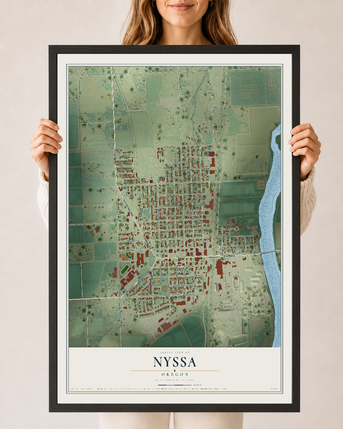 Map of Nyssa, Oregon, 24 x 36 inch print in a black wood frame