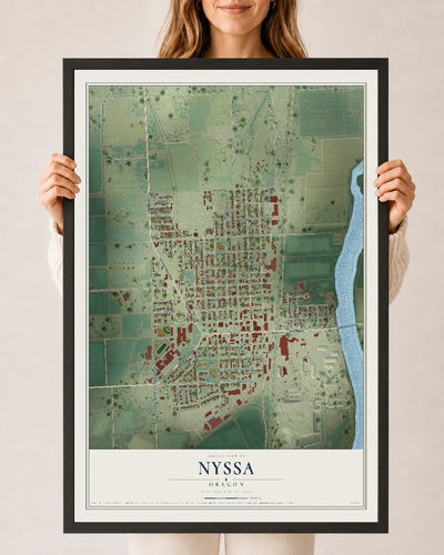 Map of Nyssa, Oregon, 24 x 36 inch print in a black wood frame