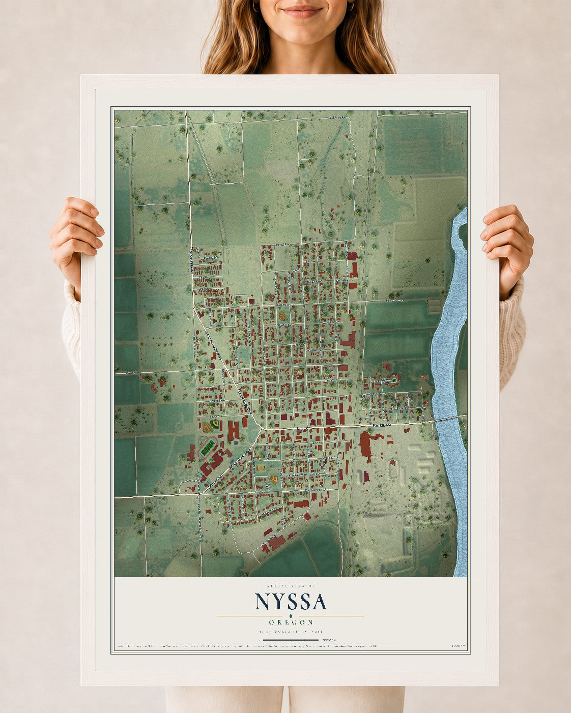 Map of Nyssa, Oregon, 24 x 36 inch print in a white wood frame