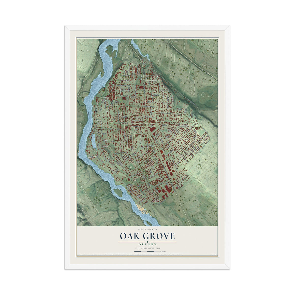 Map of Oak Grove, Oregon, 12 x 18 inch print in a white wood frame