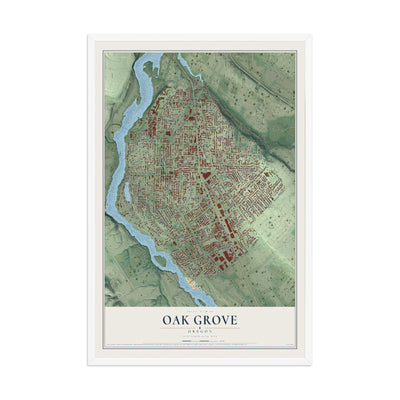 Map of Oak Grove, Oregon, 12 x 18 inch print in a white wood frame