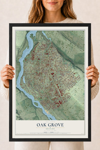 Map of Oak Grove, Oregon, 18 x 24 inch print in a black wood frame