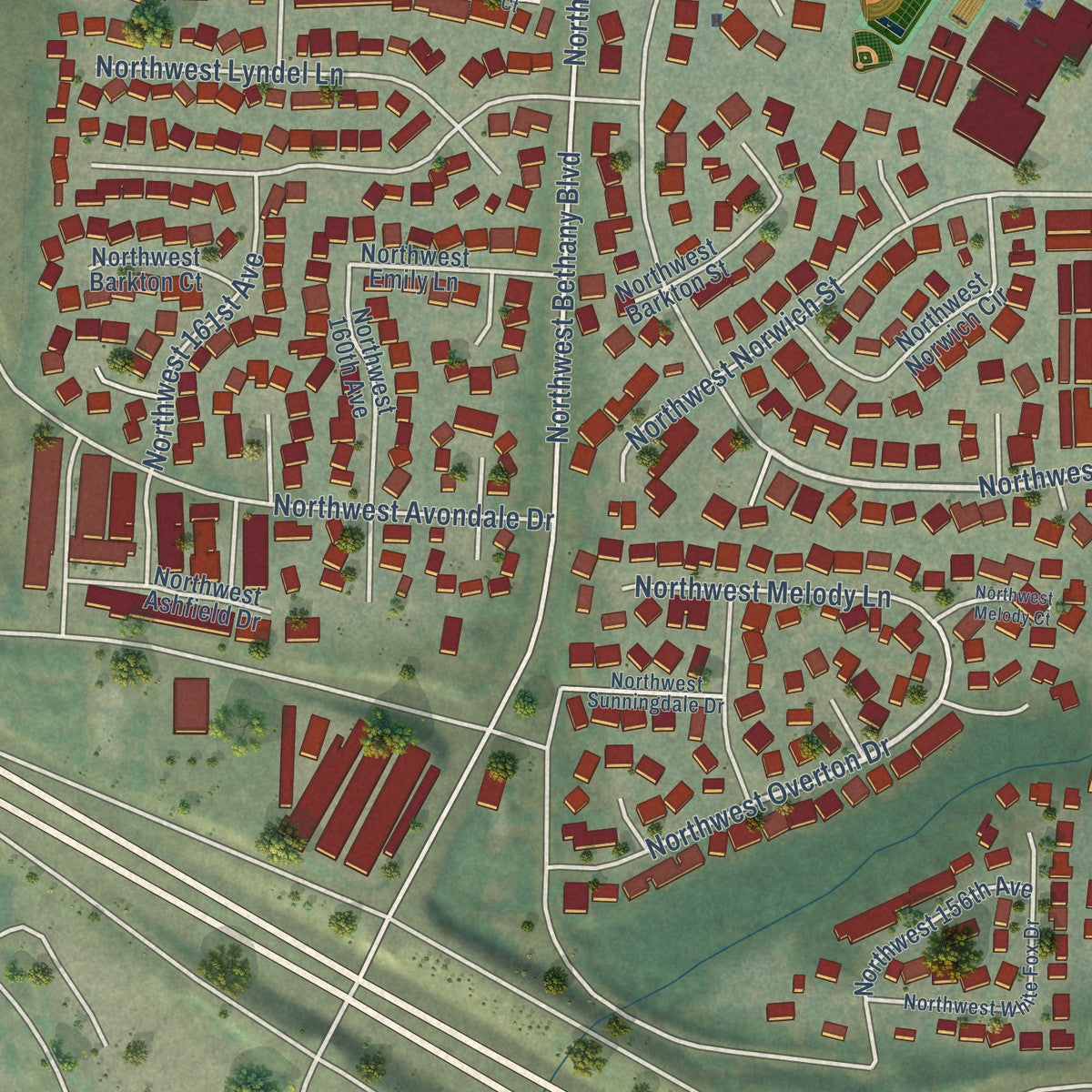 Close-up of the map of Oak Hills, Oregon print showing street and building detail