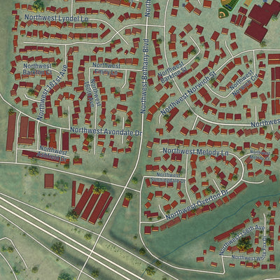 Close-up of the map of Oak Hills, Oregon print showing street and building detail