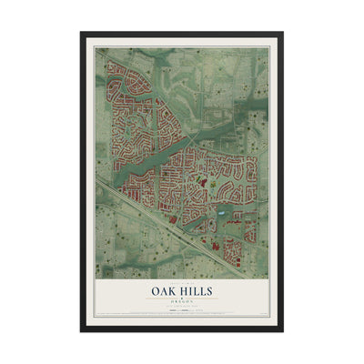 Map of Oak Hills, Oregon, 12 x 18 inch print in a black wood frame