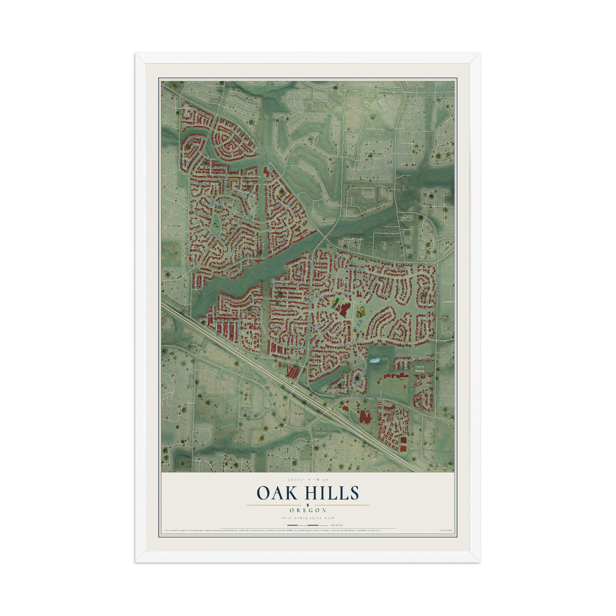 Map of Oak Hills, Oregon, 12 x 18 inch print in a white wood frame
