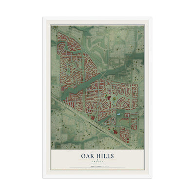 Map of Oak Hills, Oregon, 12 x 18 inch print in a white wood frame