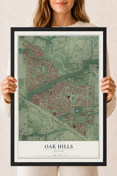 Map of Oak Hills, Oregon, 18 x 24 inch print in a black wood frame