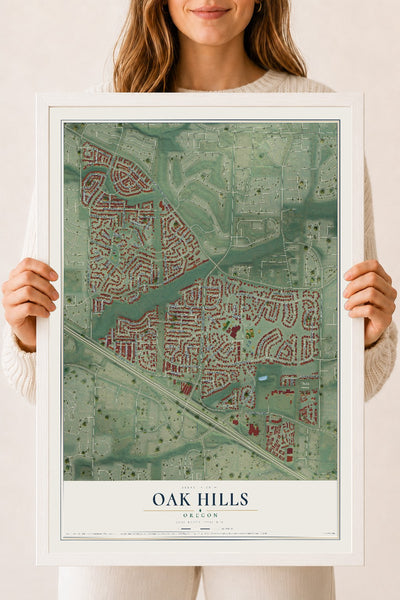 Map of Oak Hills, Oregon, 18 x 24 inch print in a white wood frame