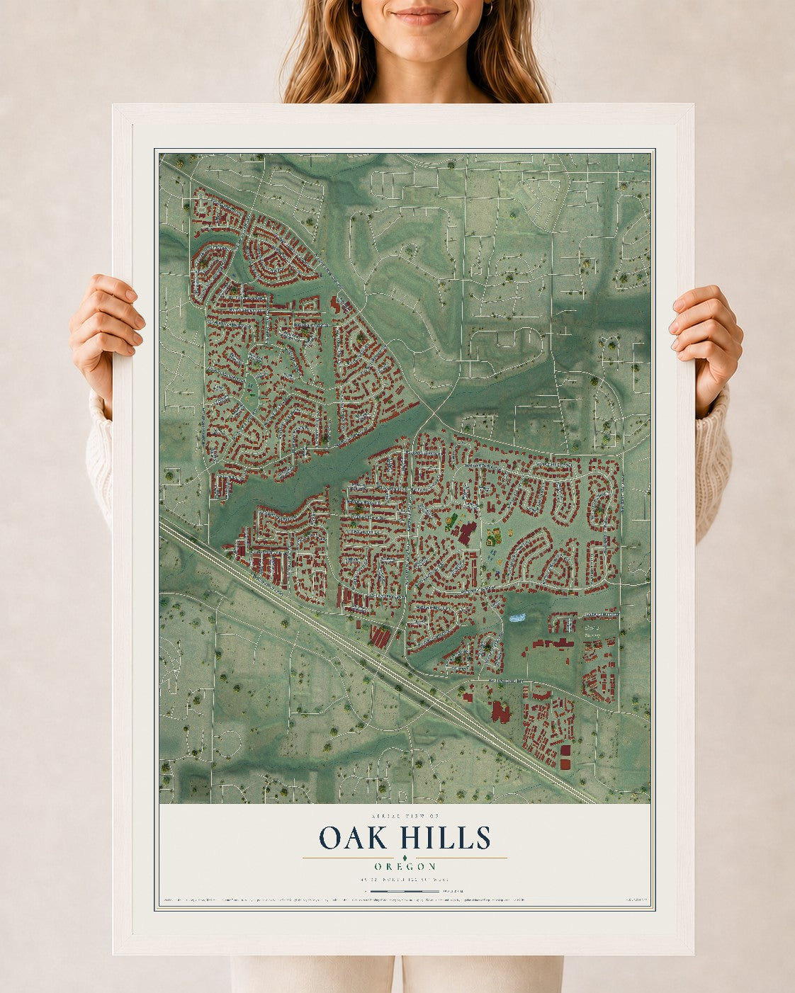 Map of Oak Hills, Oregon, 24 x 36 inch print in a white wood frame