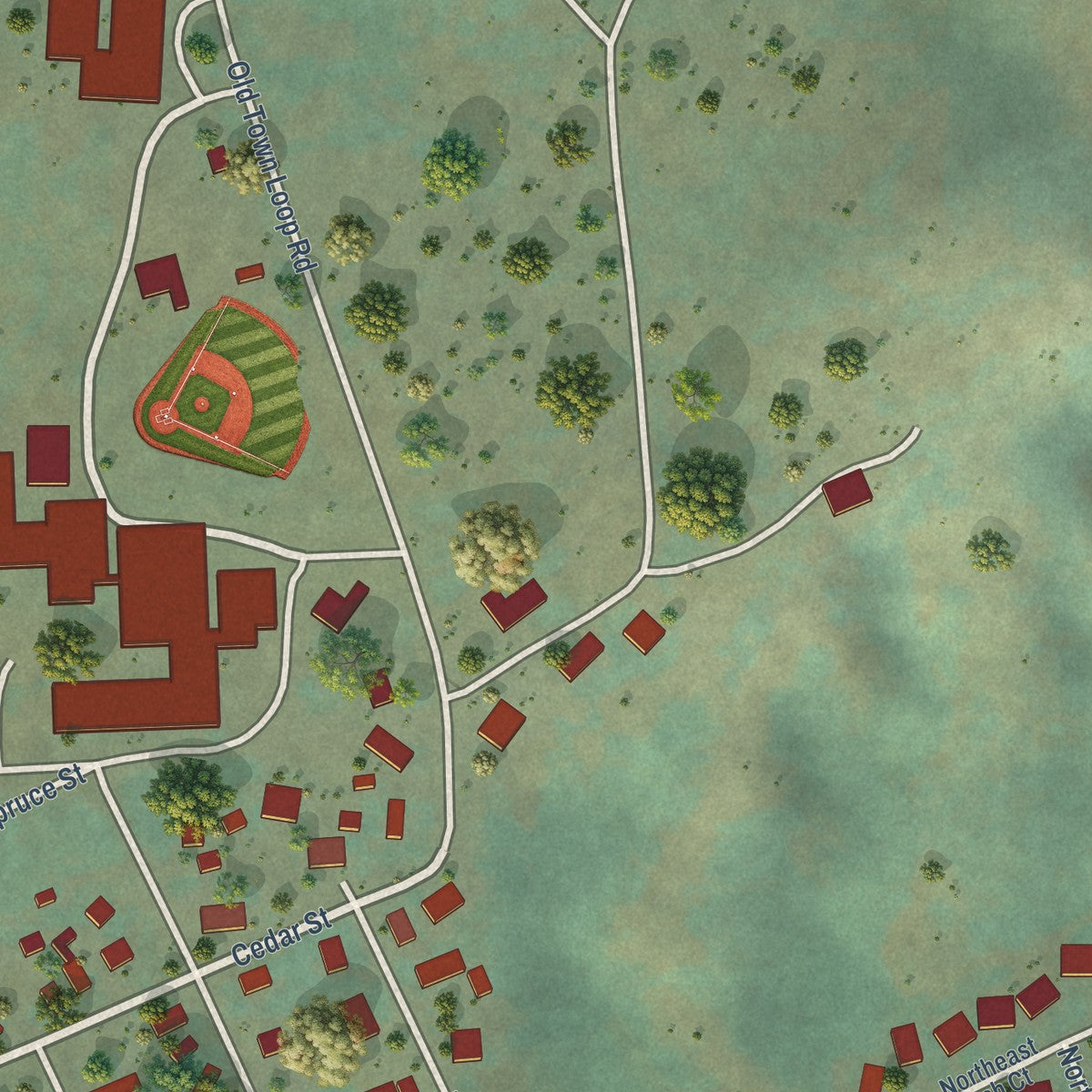 Second close-up of the map of Oakland, Oregon print showing more streets and buildings