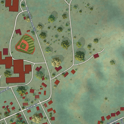 Second close-up of the map of Oakland, Oregon print showing more streets and buildings