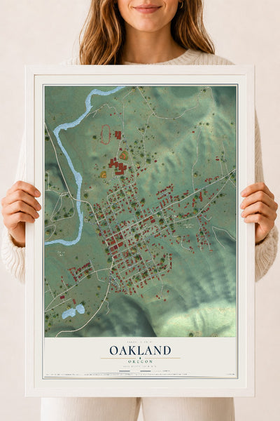 Map of Oakland, Oregon, 18 x 24 inch print in a white wood frame