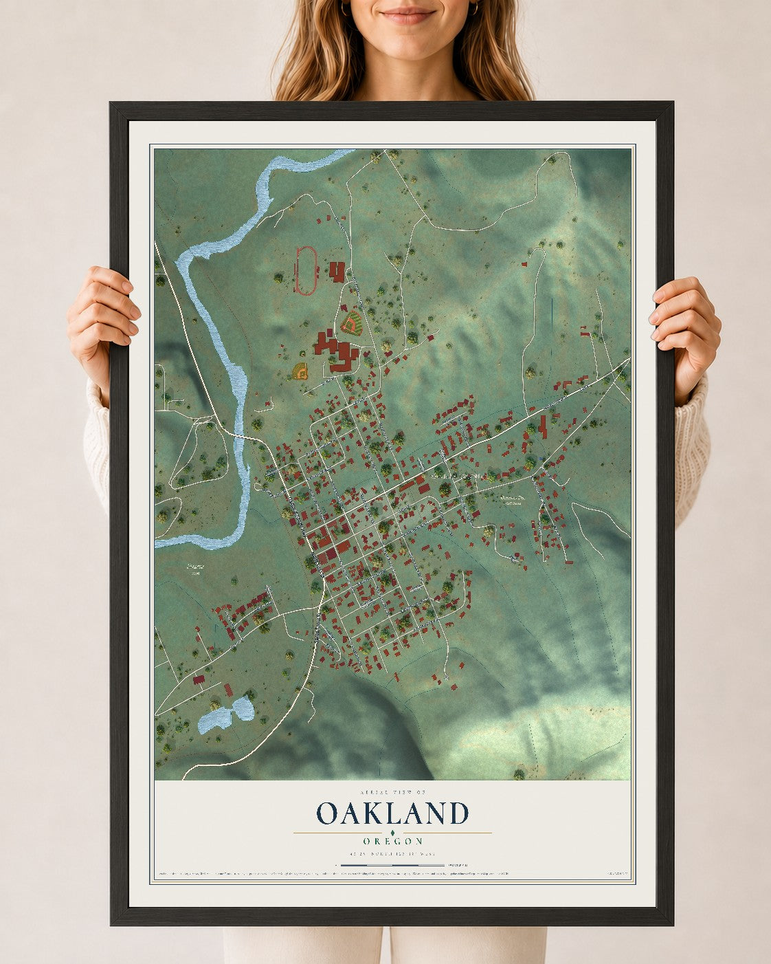 Map of Oakland, Oregon, 24 x 36 inch print in a black wood frame