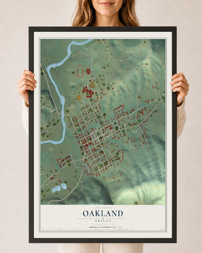 Map of Oakland, Oregon, 24 x 36 inch print in a black wood frame