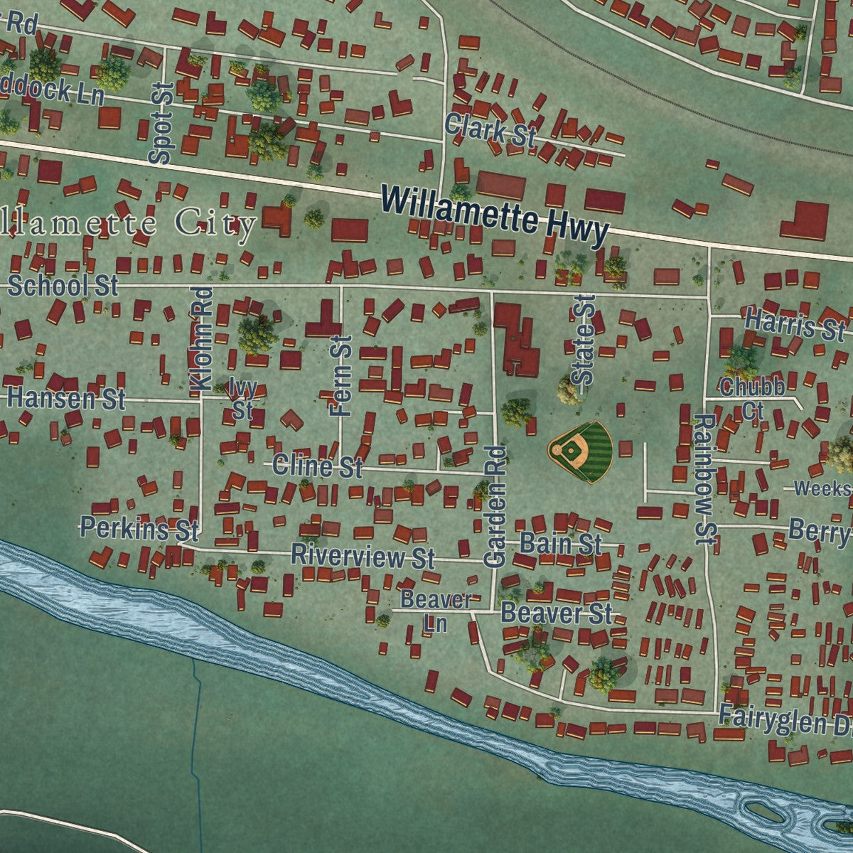Close-up of the map of Oakridge, Oregon print showing street and building detail