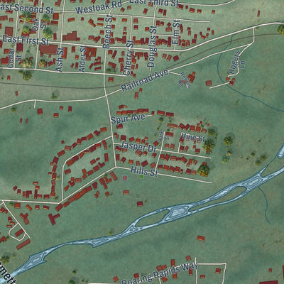 Second close-up of the map of Oakridge, Oregon print showing more streets and buildings