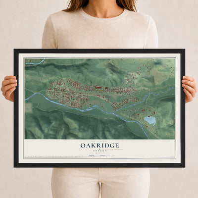 Map of Oakridge, Oregon, 12 x 18 inch print in a black wood frame