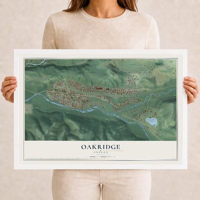 Map of Oakridge, Oregon, 12 x 18 inch print in a white wood frame