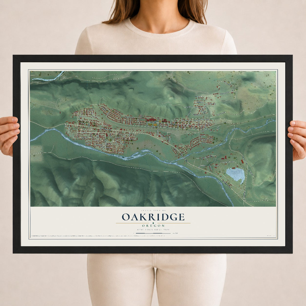 Map of Oakridge, Oregon, 18 x 24 inch print in a black wood frame