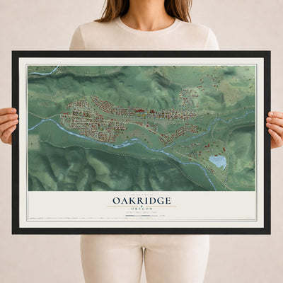 Map of Oakridge, Oregon, 18 x 24 inch print in a black wood frame