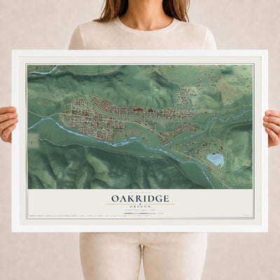Map of Oakridge, Oregon, 18 x 24 inch print in a white wood frame