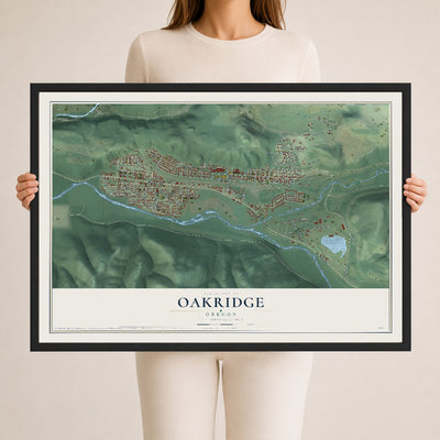 Map of Oakridge, Oregon, 24 x 36 inch print in a black wood frame