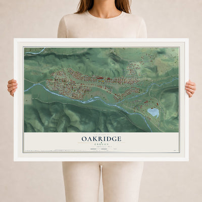 Map of Oakridge, Oregon, 24 x 36 inch print in a white wood frame