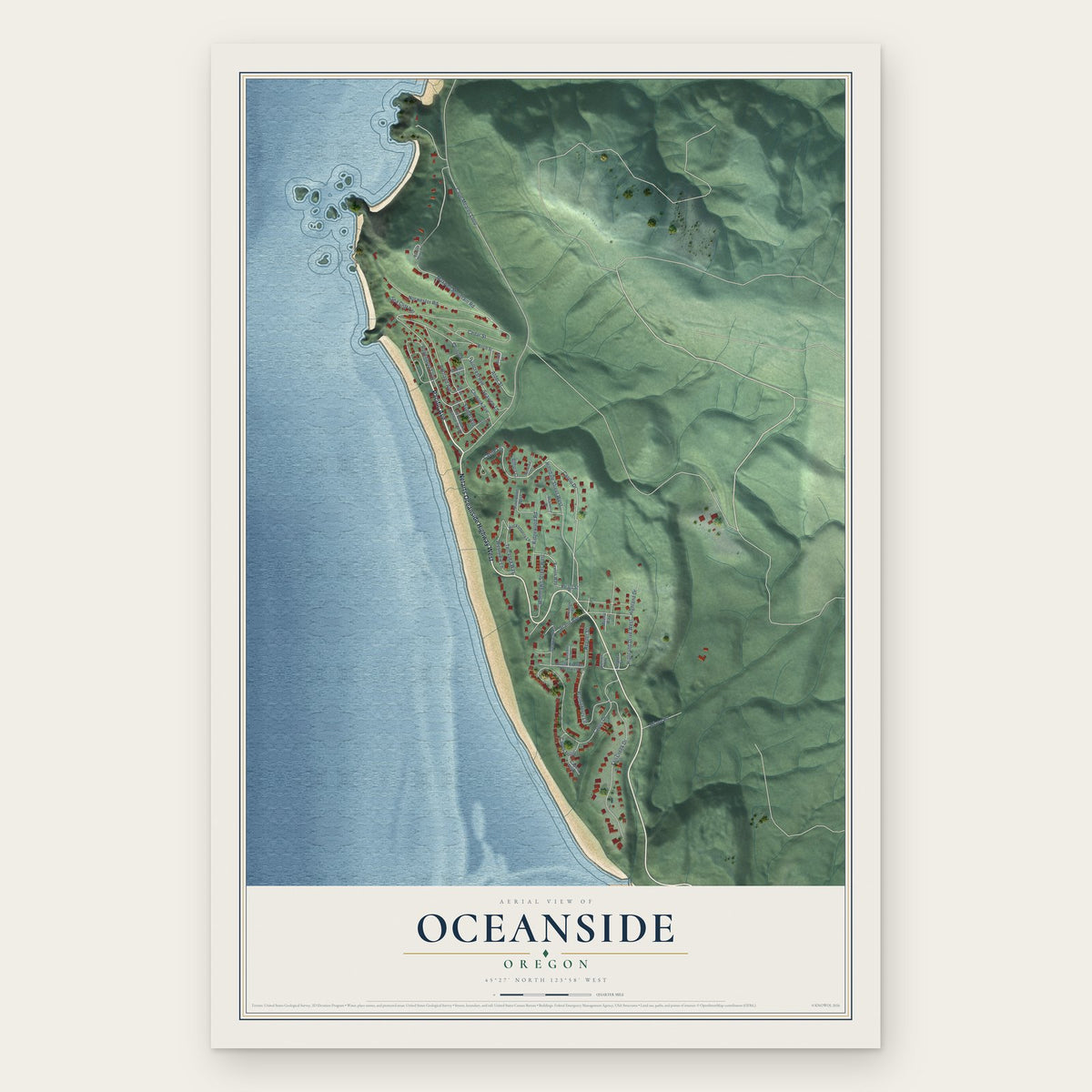 Oceanside, Oregon map print, the full design