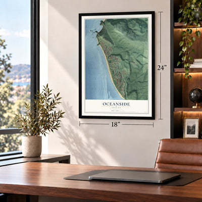 Oceanside, Oregon map, 18 x 24 inch print in a black frame in a home office