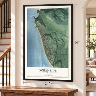Oceanside, Oregon map, 24 x 36 inch print in a black frame by a staircase