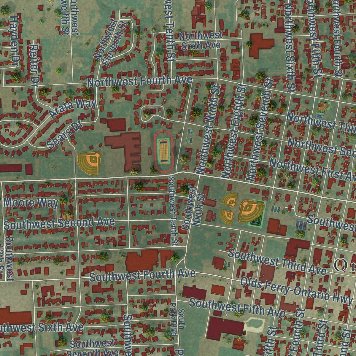 Close-up of the map of Ontario, Oregon print showing street and building detail