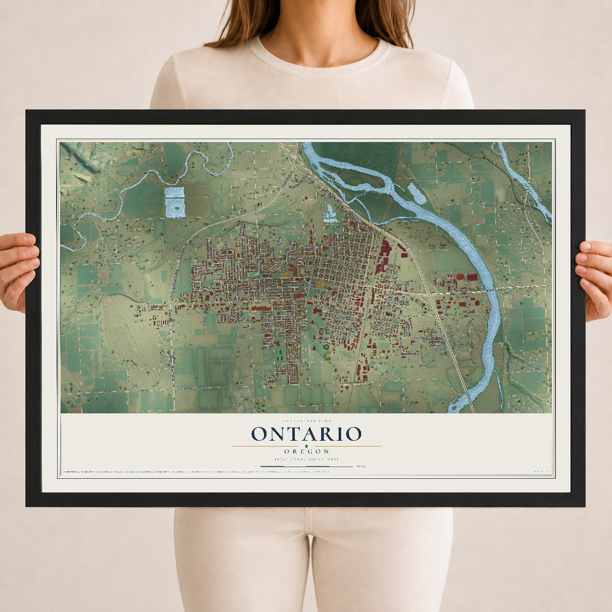 Map of Ontario, Oregon, 18 x 24 inch print in a black wood frame