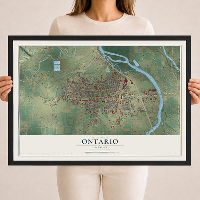 Map of Ontario, Oregon, 18 x 24 inch print in a black wood frame