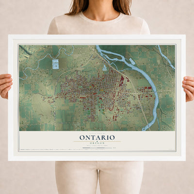 Map of Ontario, Oregon, 18 x 24 inch print in a white wood frame