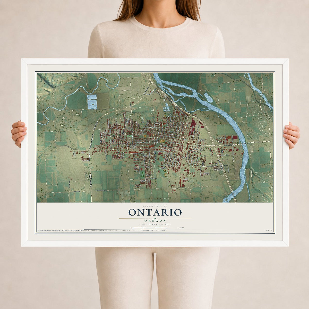 Map of Ontario, Oregon, 24 x 36 inch print in a white wood frame