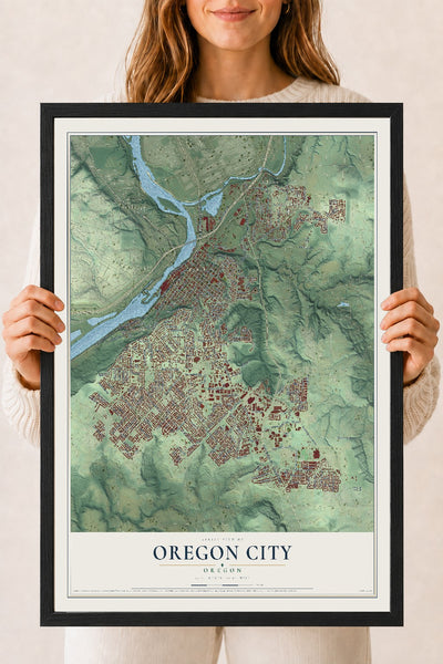 Map of Oregon City, Oregon, 18 x 24 inch print in a black wood frame