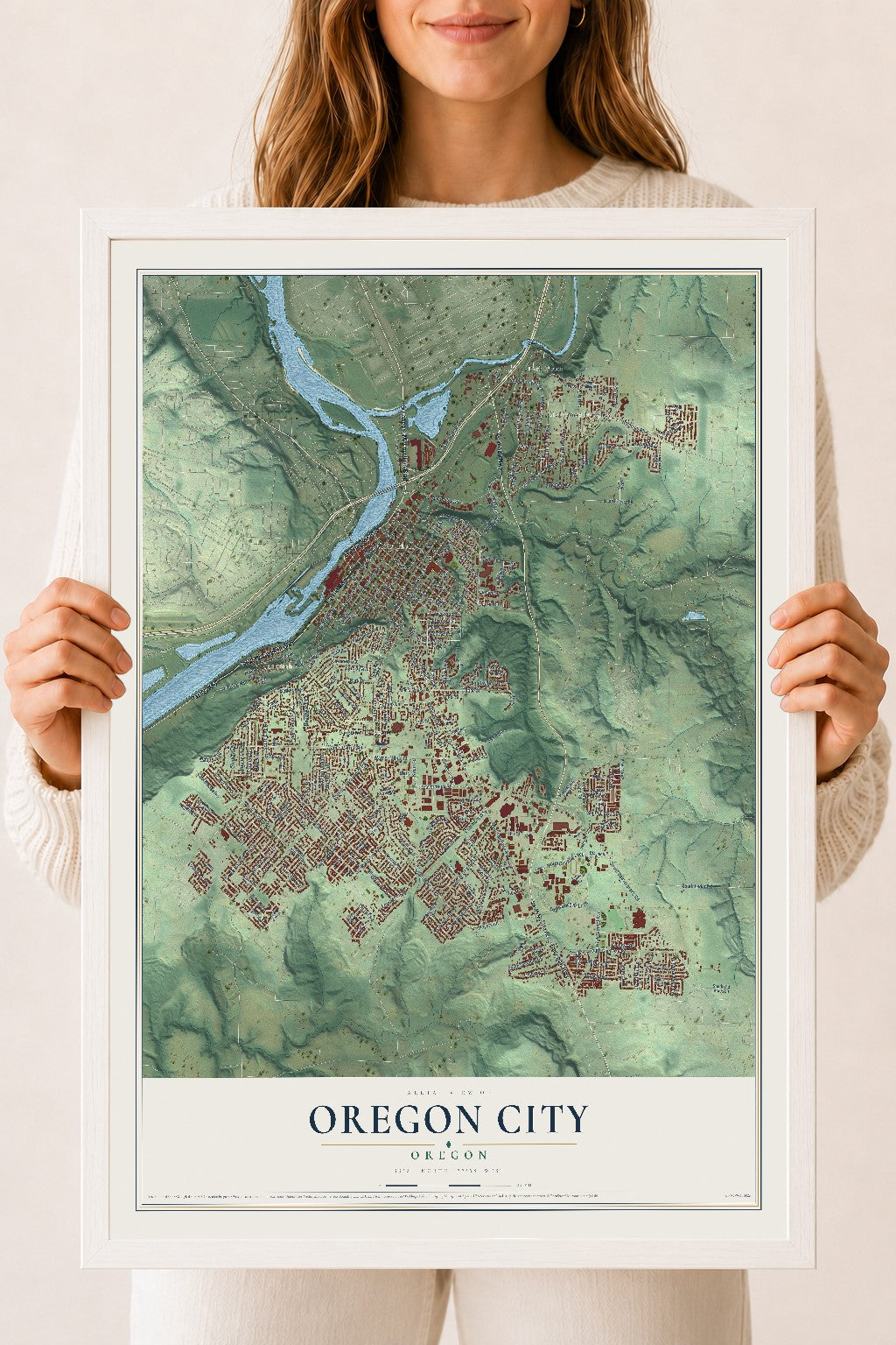 Map of Oregon City, Oregon, 18 x 24 inch print in a white wood frame