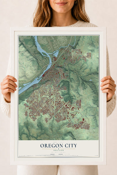Map of Oregon City, Oregon, 18 x 24 inch print in a white wood frame