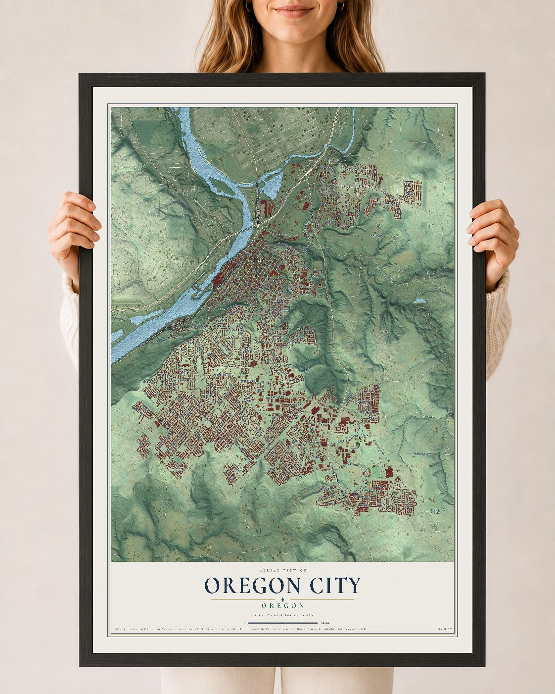 Map of Oregon City, Oregon, 24 x 36 inch print in a black wood frame