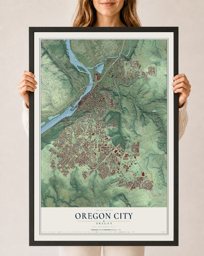 Map of Oregon City, Oregon, 24 x 36 inch print in a black wood frame