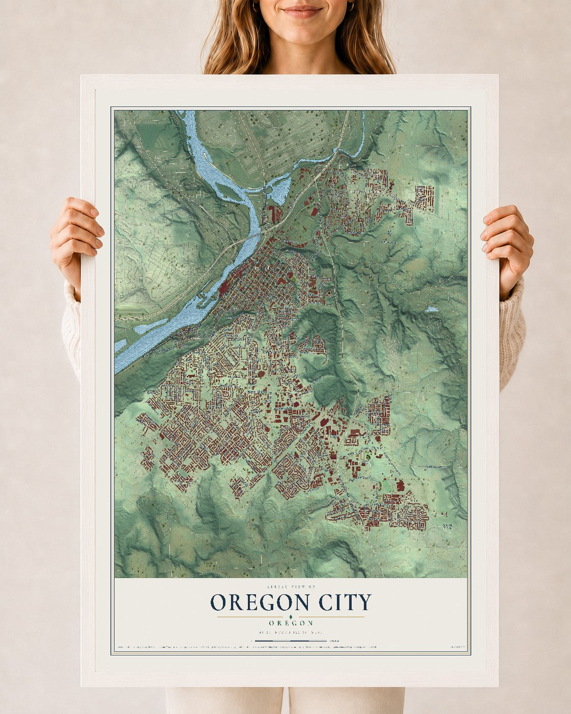 Map of Oregon City, Oregon, 24 x 36 inch print in a white wood frame