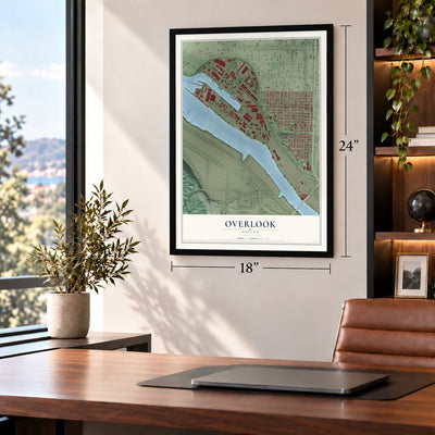 Overlook, Oregon map, 18 x 24 inch print in a black frame in a home office