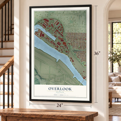 Overlook, Oregon map, 24 x 36 inch print in a black frame by a staircase