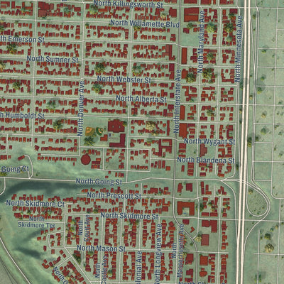 Close-up of the map of Overlook, Oregon print showing street and building detail
