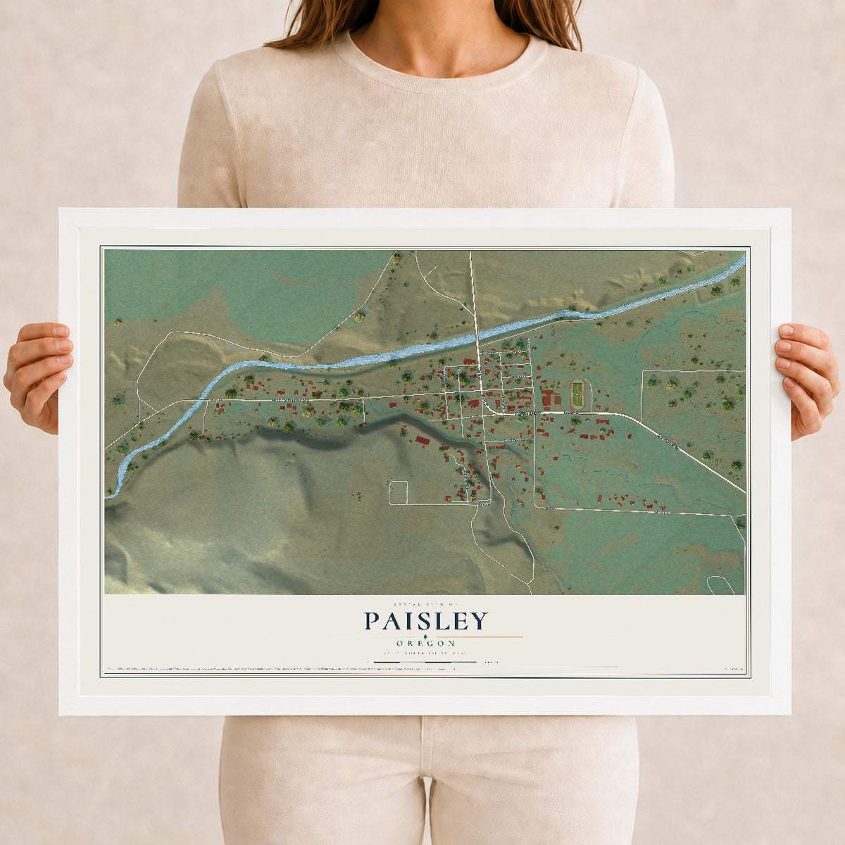 Map of Paisley, Oregon, 12 x 18 inch print in a white wood frame