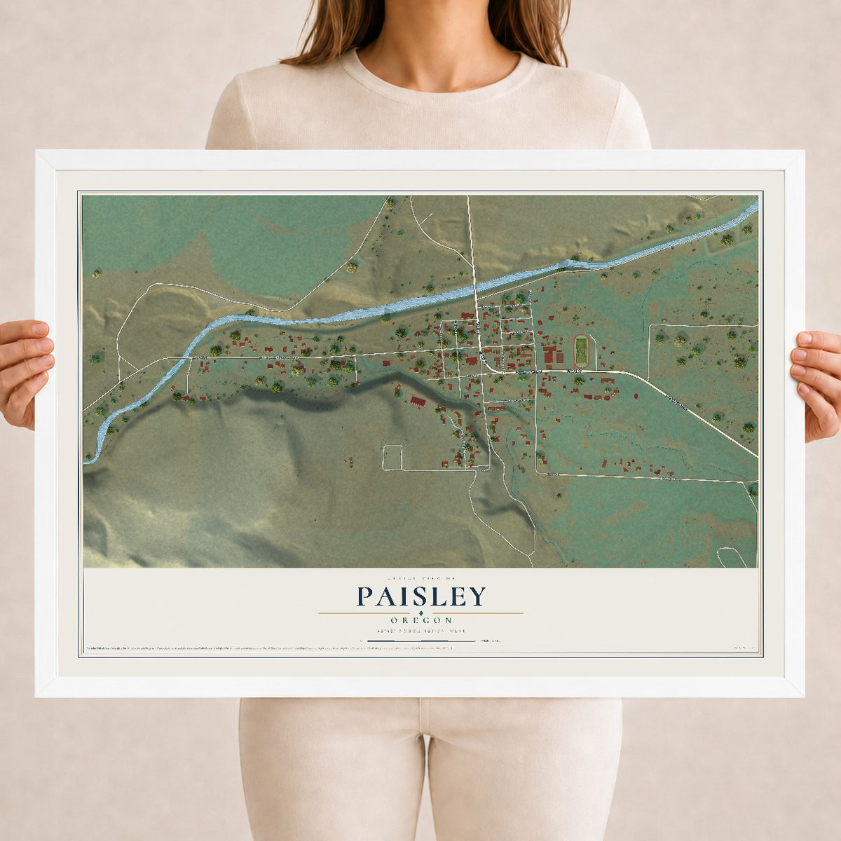 Map of Paisley, Oregon, 18 x 24 inch print in a white wood frame