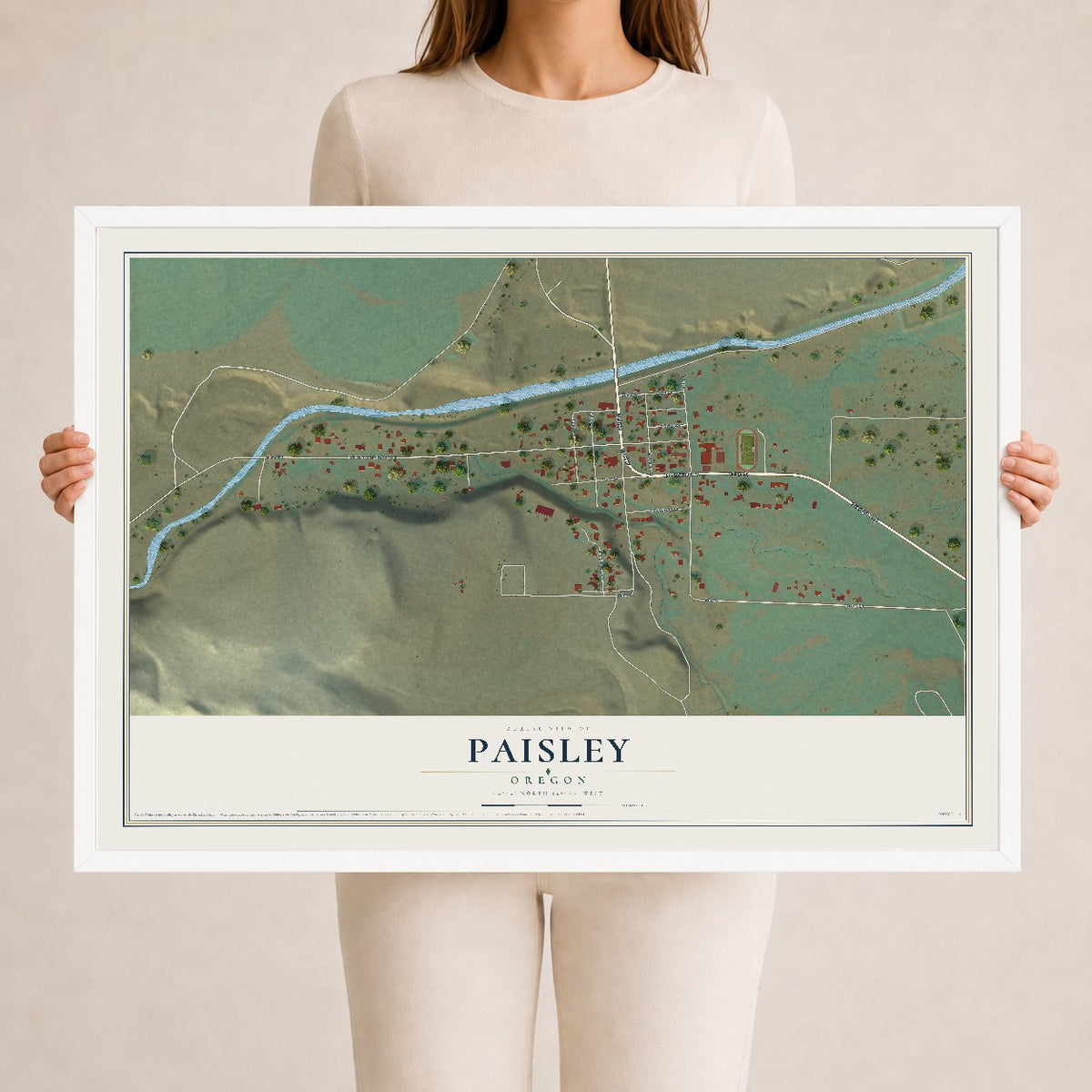Map of Paisley, Oregon, 24 x 36 inch print in a white wood frame