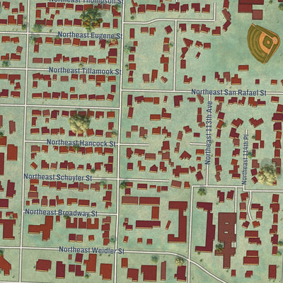 Close-up of the map of Parkrose Heights, Oregon print showing street and building detail